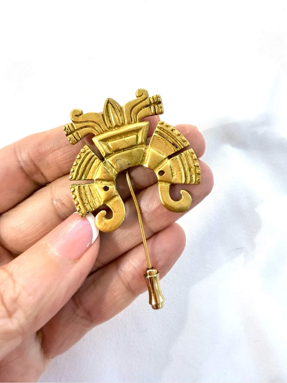 Vintage Aztec Maya Chalchiuhtlicue nose plug goddess gold tone pin/brooch